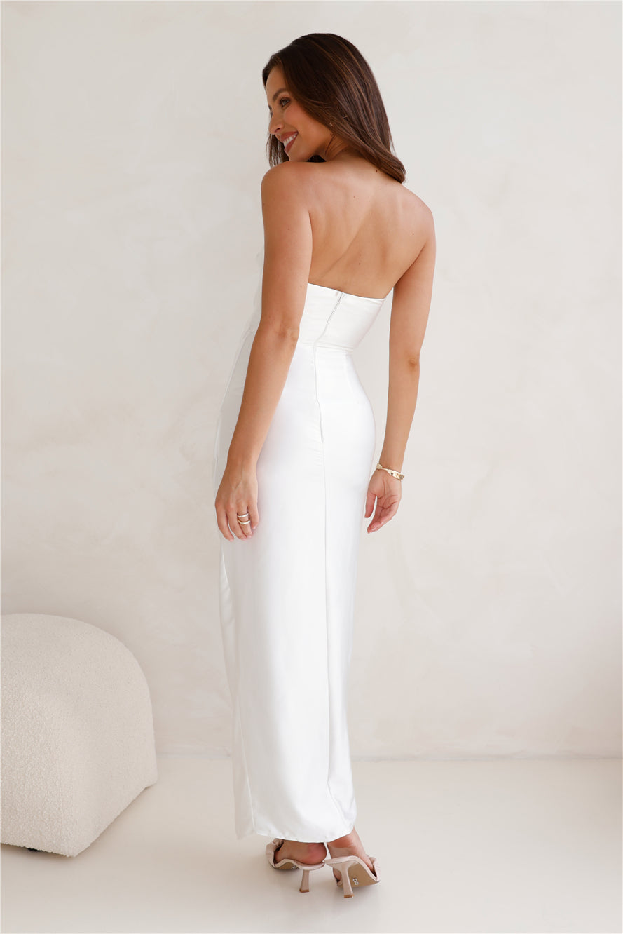Miss To Mrs Strapless Satin Midi Dress White