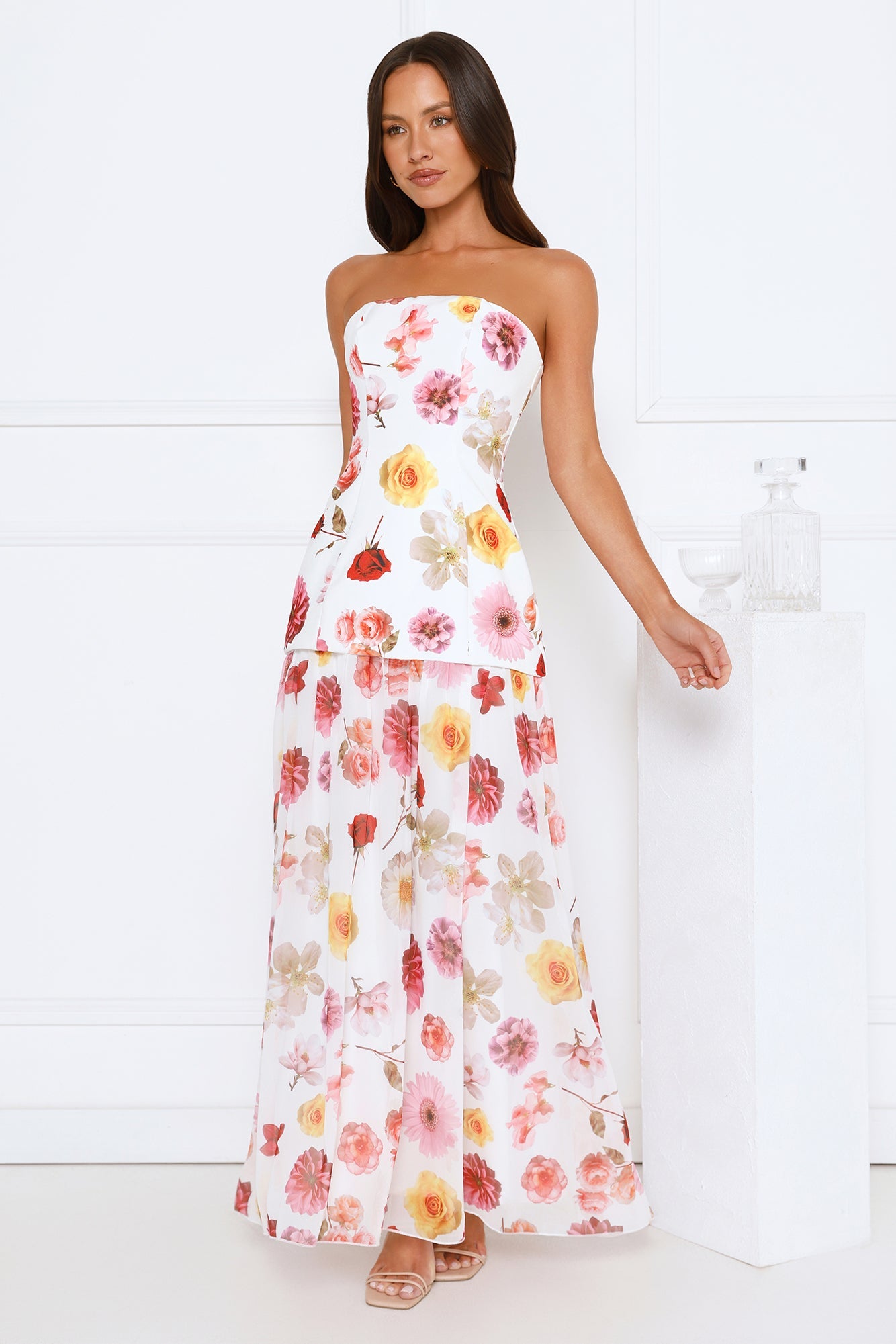 Floral Shine Strapless Maxi Dress White