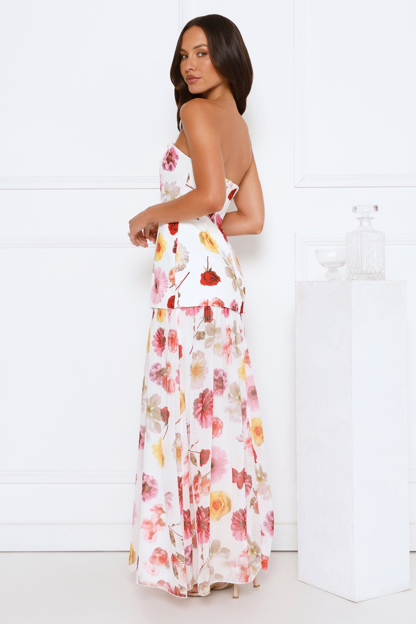 Floral Shine Strapless Maxi Dress White