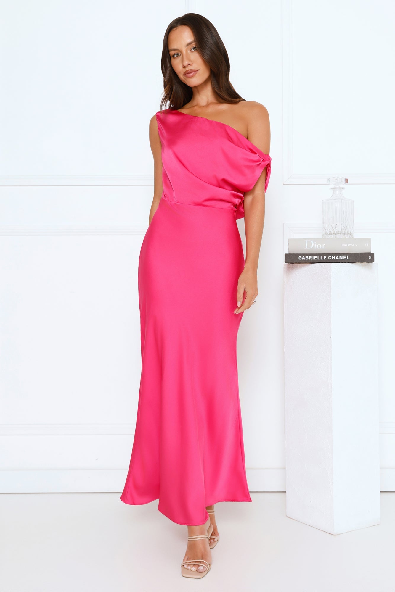 Late Night Luxe Off Shoulder Satin Maxi Dress Pink