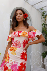 HELLO MOLLY Vibrance Of Her Off Shoulder Midi Dress Print