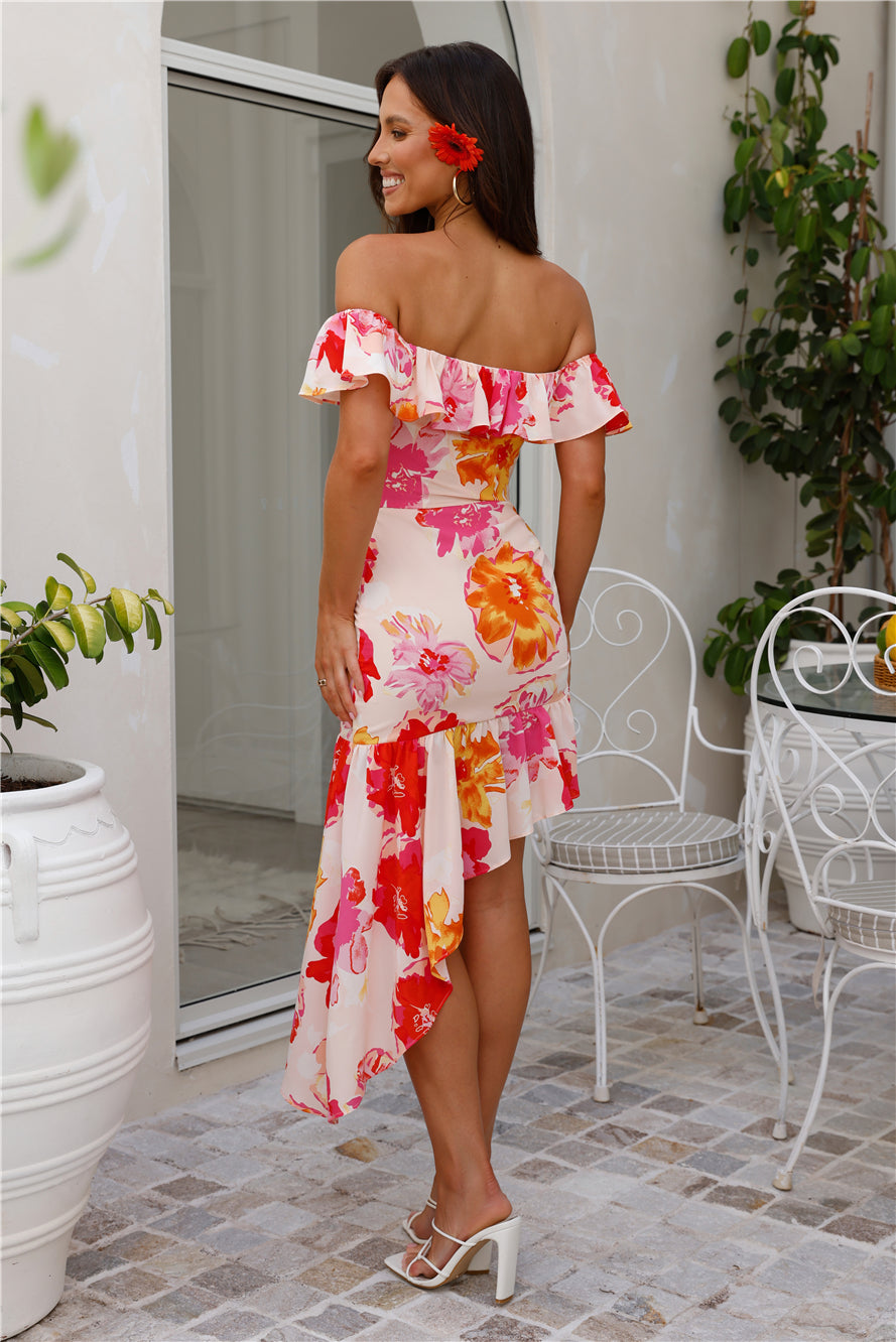 HELLO MOLLY Vibrance Of Her Off Shoulder Midi Dress Print