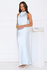 Draped In Diamonds Satin Halter Maxi Dress Blue