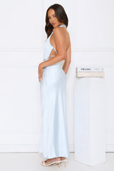 Draped In Diamonds Satin Halter Maxi Dress Blue