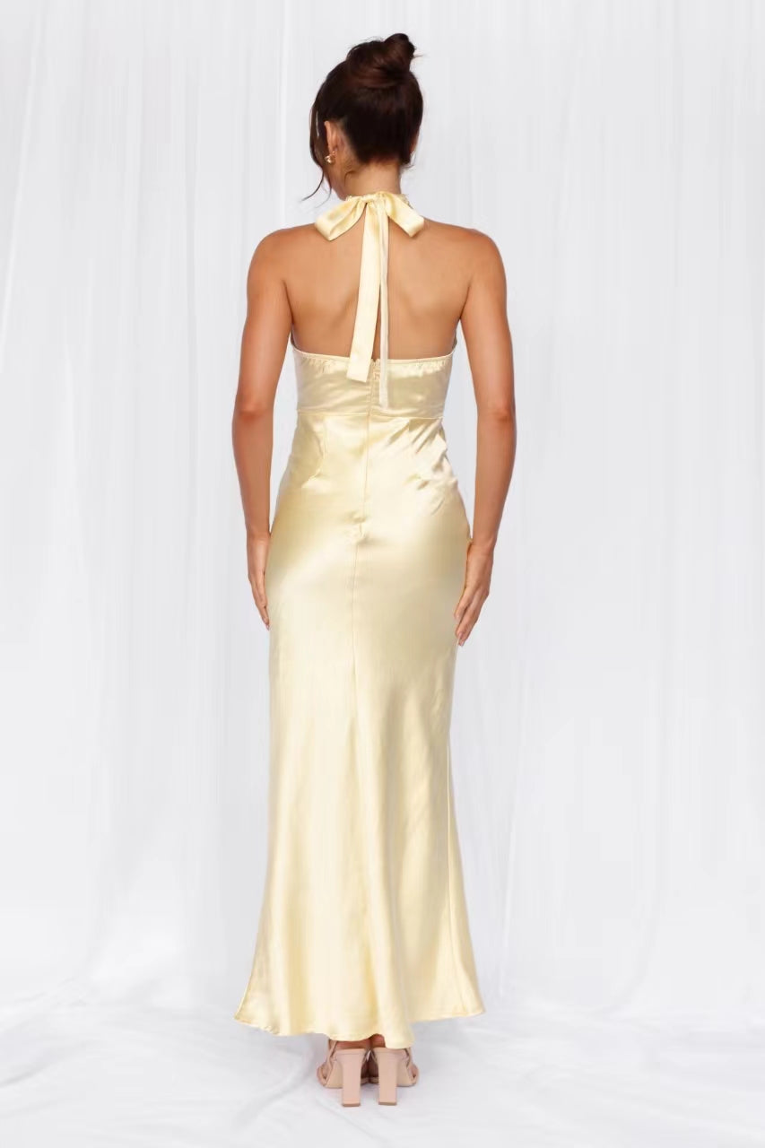 HELLO MOLLY The Adeline Halter Satin Maxi Dress Yellow
