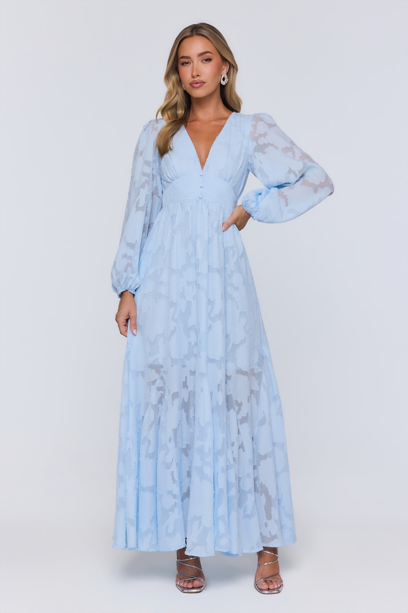 Glow Blossom Long Sleeve Maxi Dress Blue