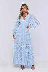 Glow Blossom Long Sleeve Maxi Dress Blue