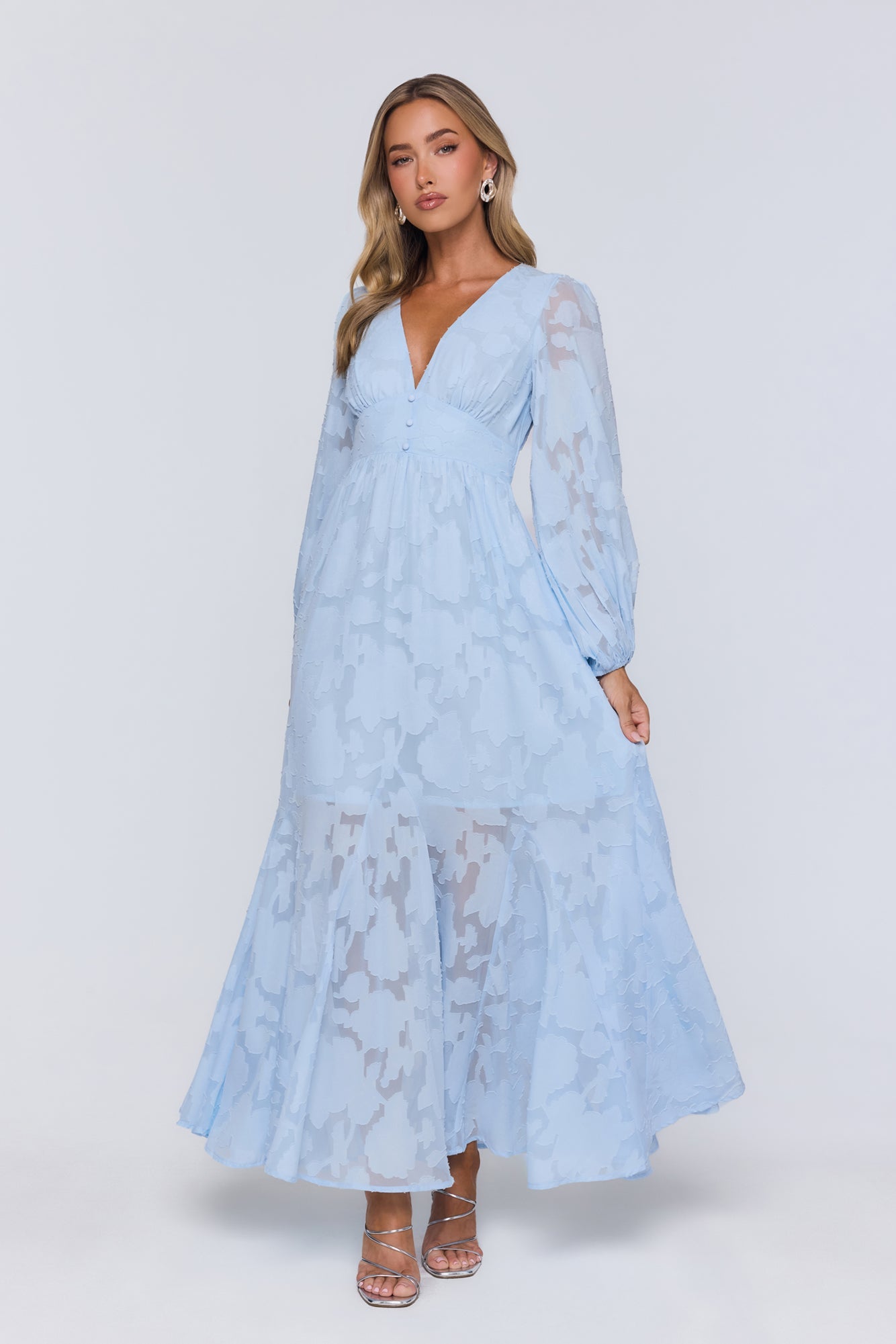 Glow Blossom Long Sleeve Maxi Dress Blue