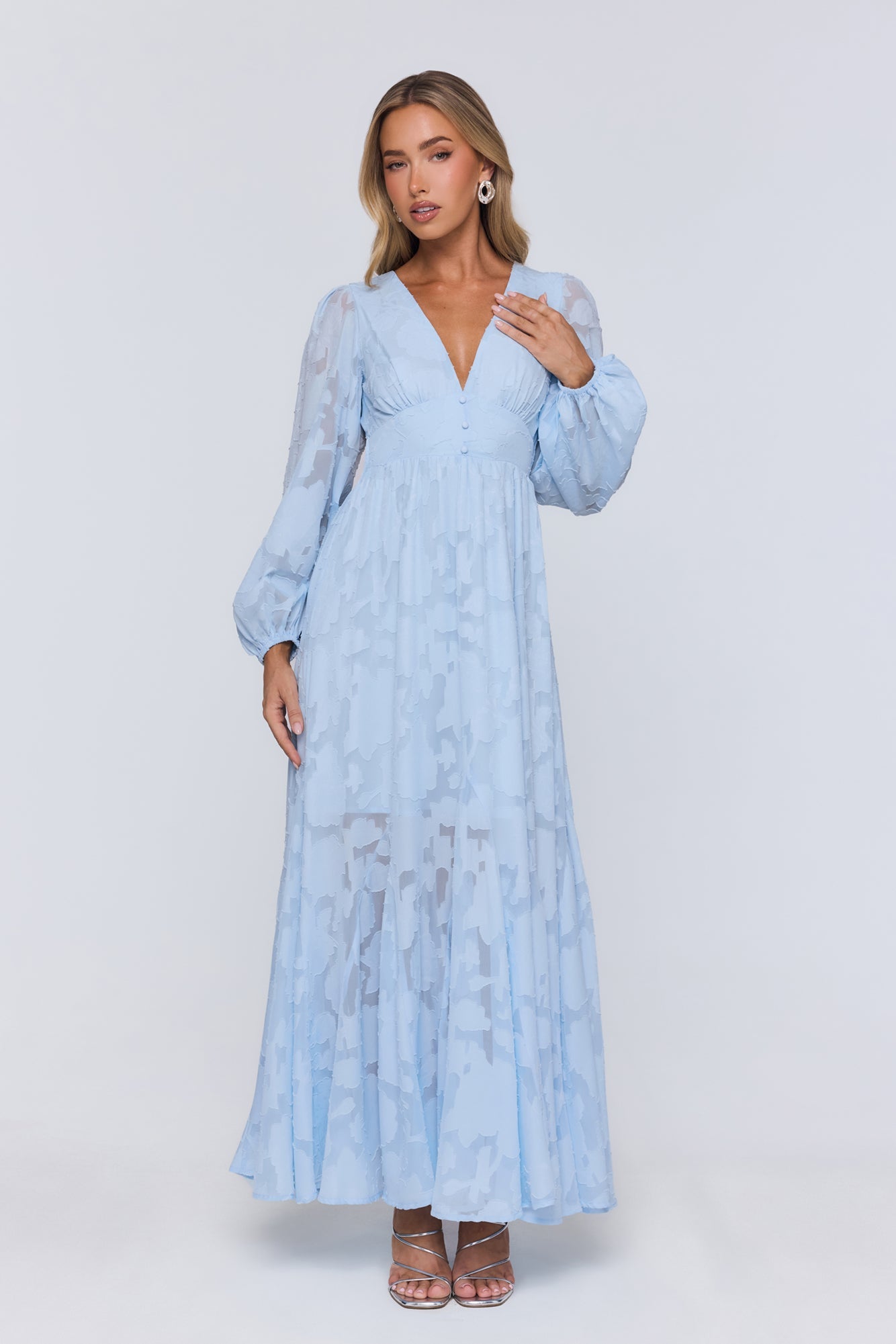 Glow Blossom Long Sleeve Maxi Dress Blue