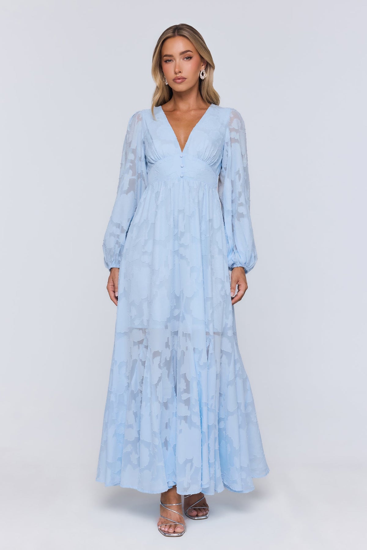 Glow Blossom Long Sleeve Maxi Dress Blue