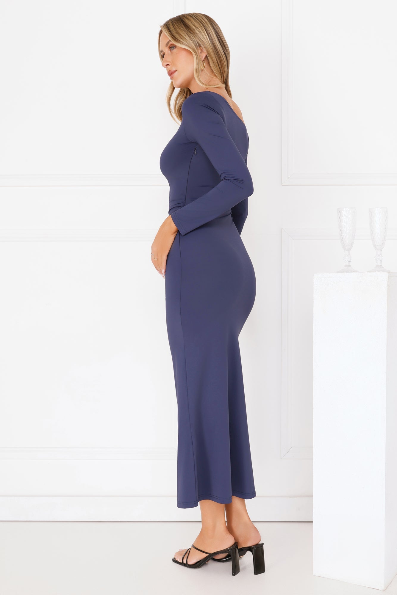 About The Fit Off Shoulder Long Sleeve Maxi Dress Navy