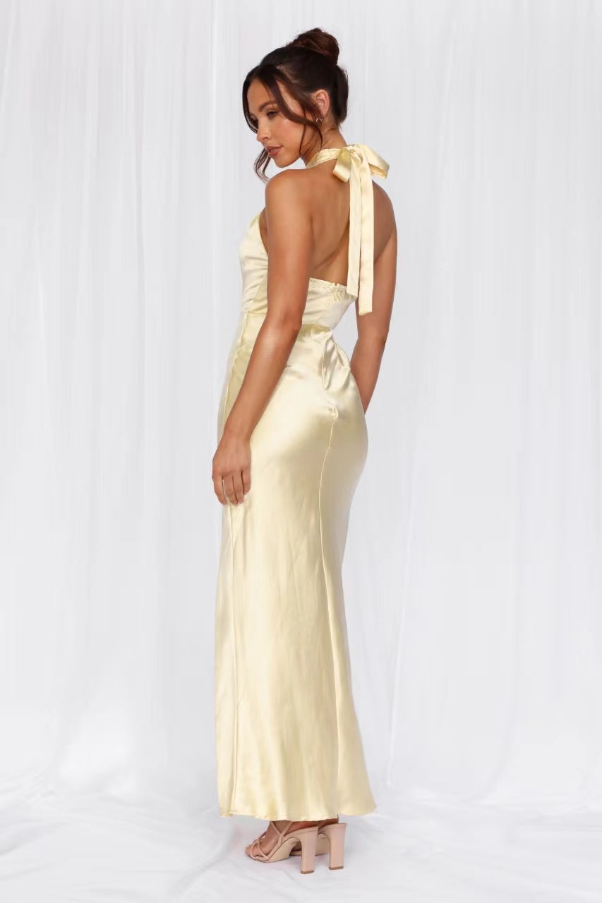 HELLO MOLLY The Adeline Halter Satin Maxi Dress Yellow