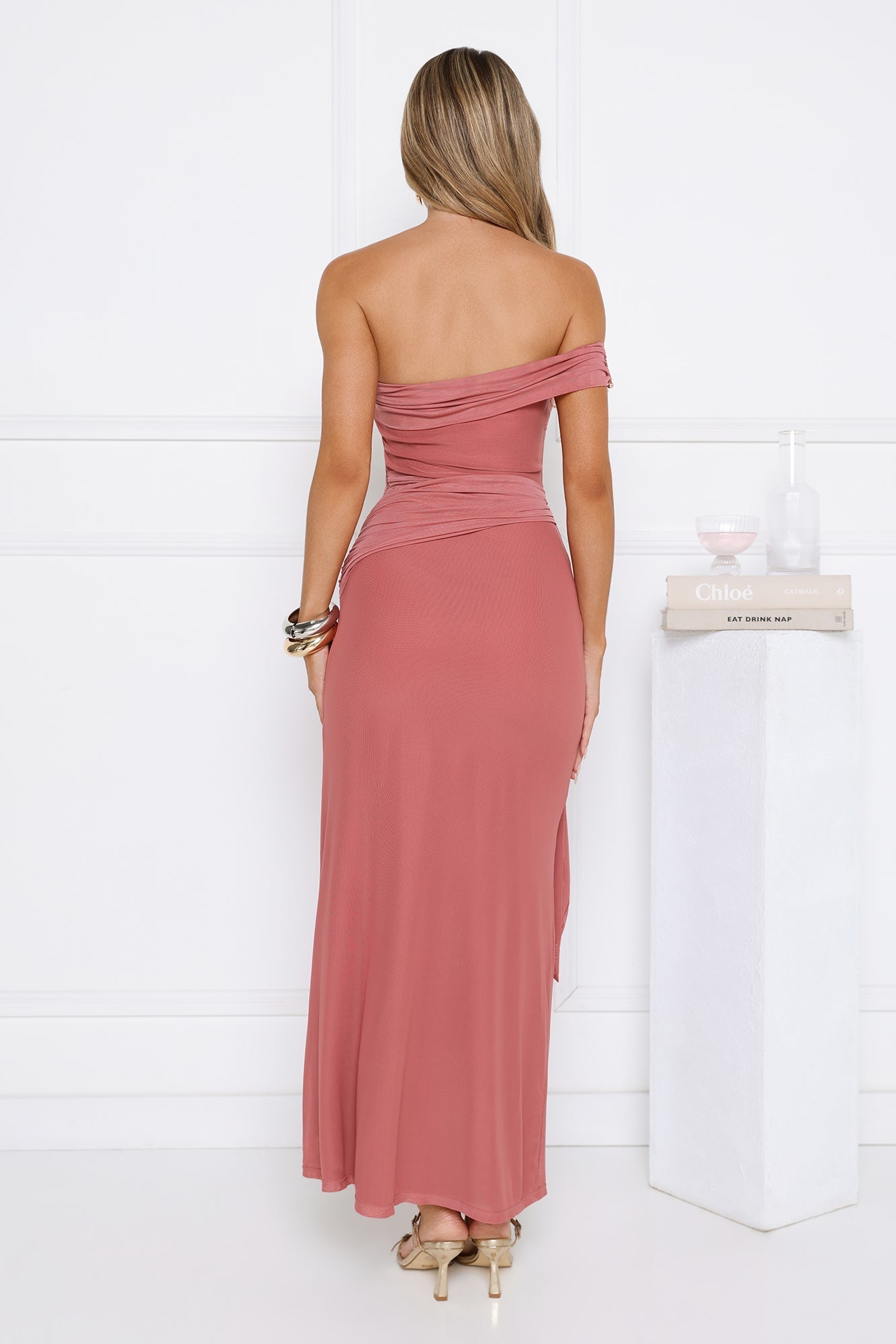 Late Night Kiss Off Shoulder Maxi Dress Rose