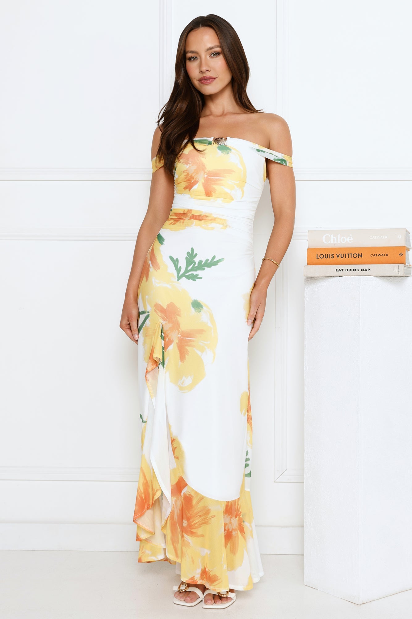 Crown Affair Off Shoulder Mesh Maxi Dress White