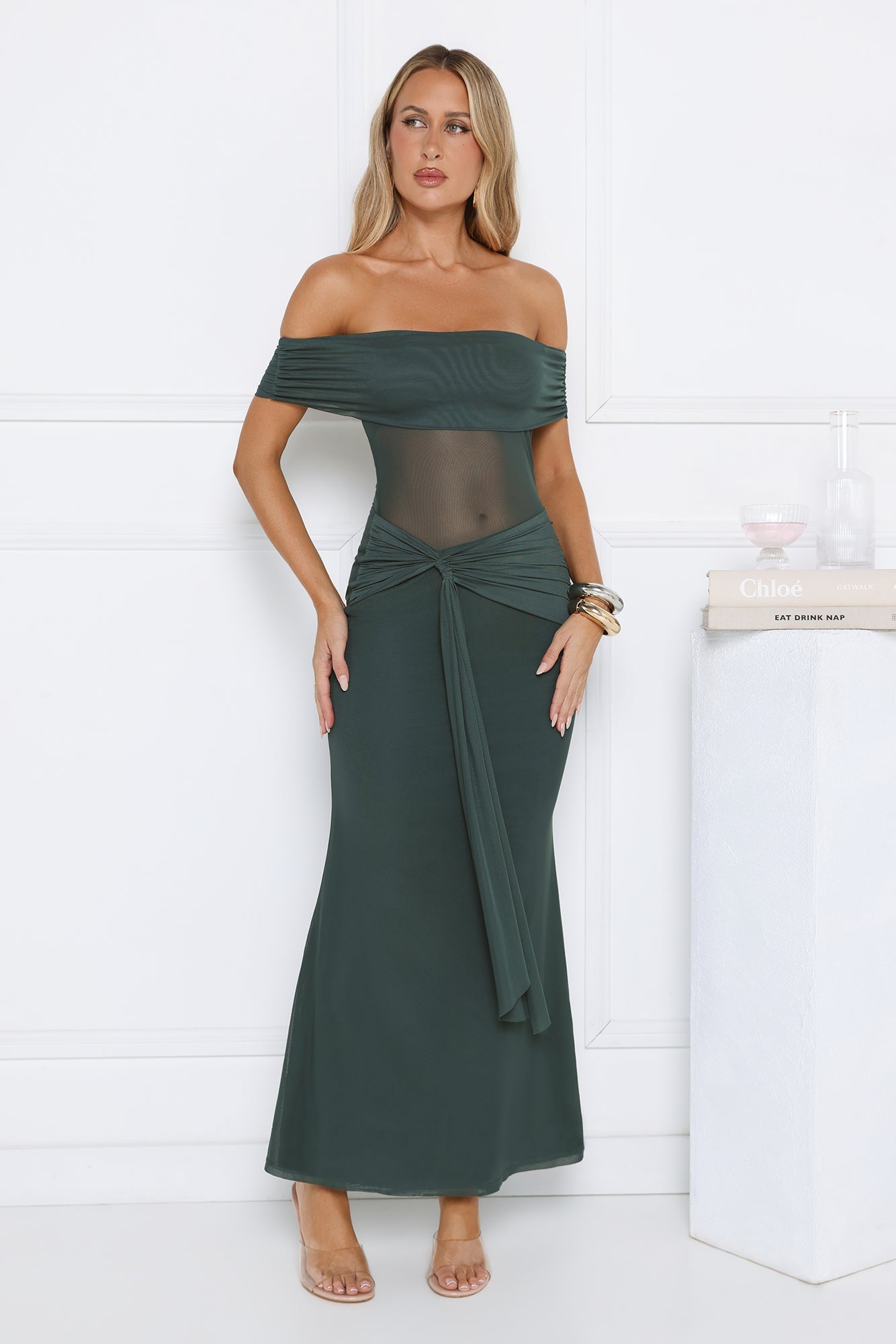 Nightfall Glitter Off Shoulder Maxi Dress Teal
