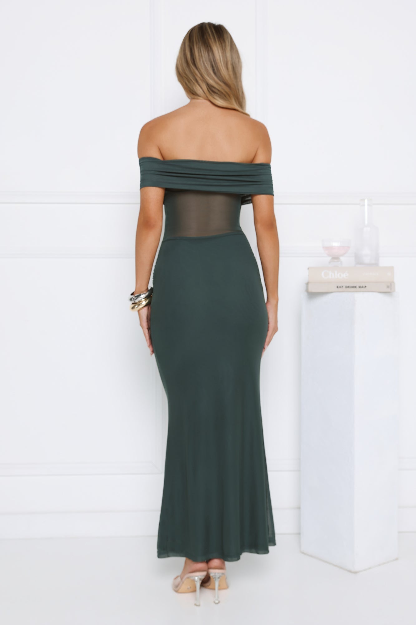 Nightfall Glitter Off Shoulder Maxi Dress Teal