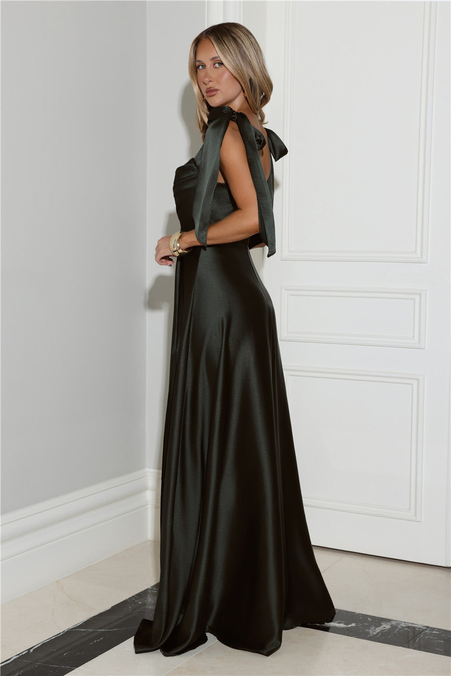 Considered Beauty Satin Maxi Dress Dark Green