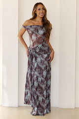 Mystic Marble Print Off Shoulder Maxi Dress Teal