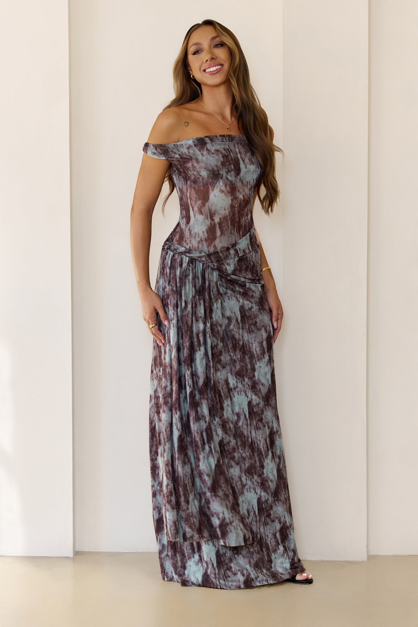 Mystic Marble Print Off Shoulder Maxi Dress Teal