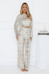 Dazzling Sequin Long Sleeve Backless Pant Set Silver