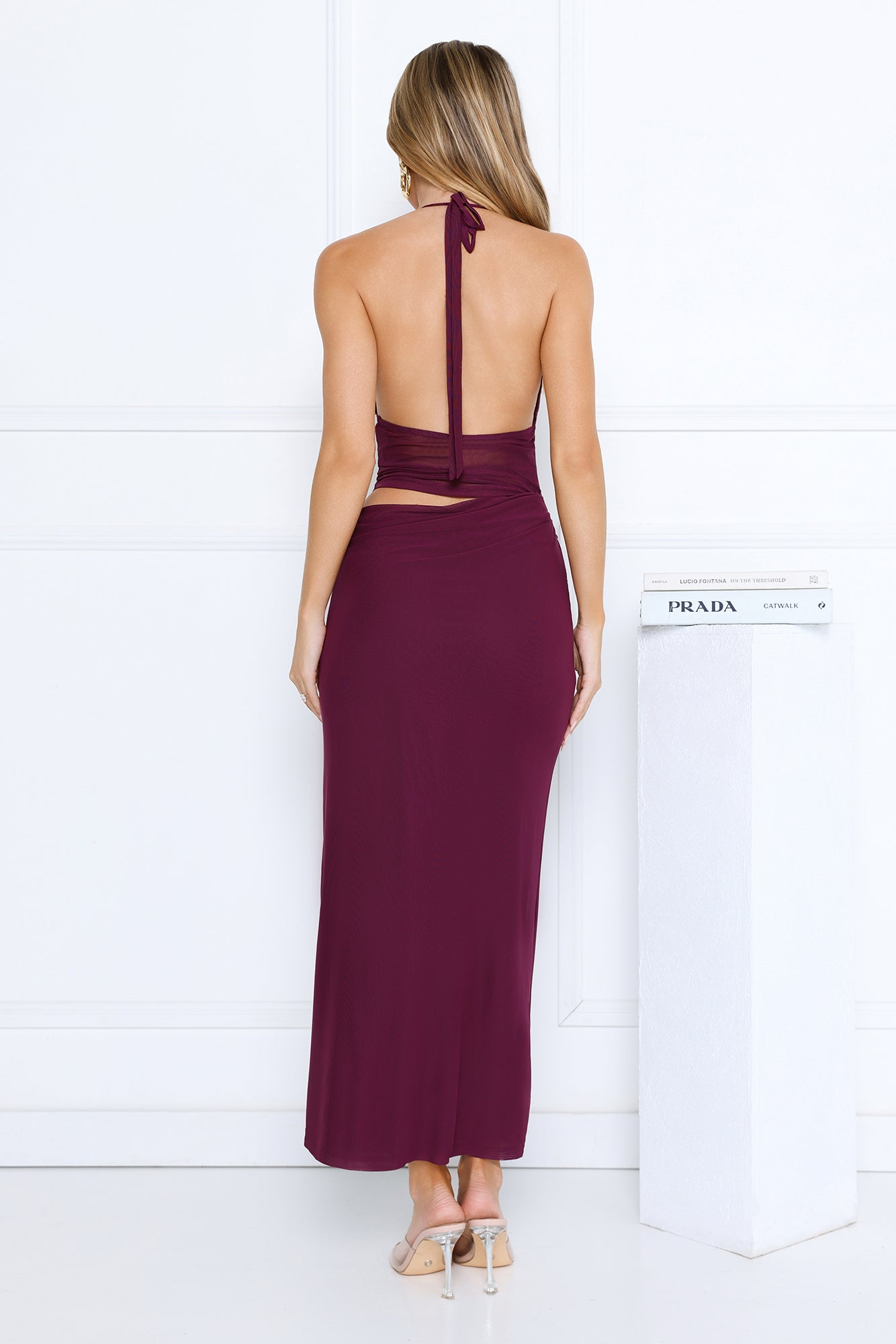 Haute Mode Mesh Halter Maxi Dress Plum