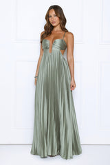 Just One More Look Satin Pleated Maxi Dress Sage