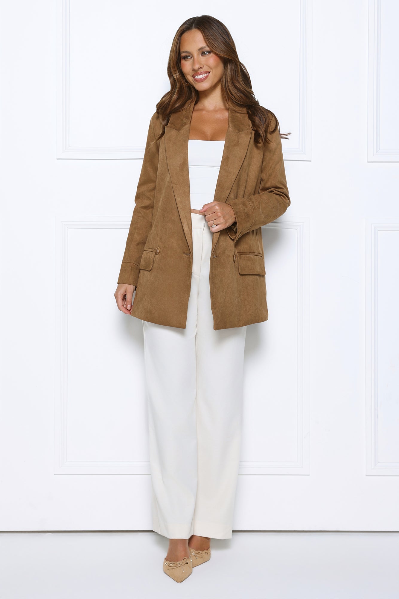 Effortlessly Professional Suede Long Sleeve Blazer Brown