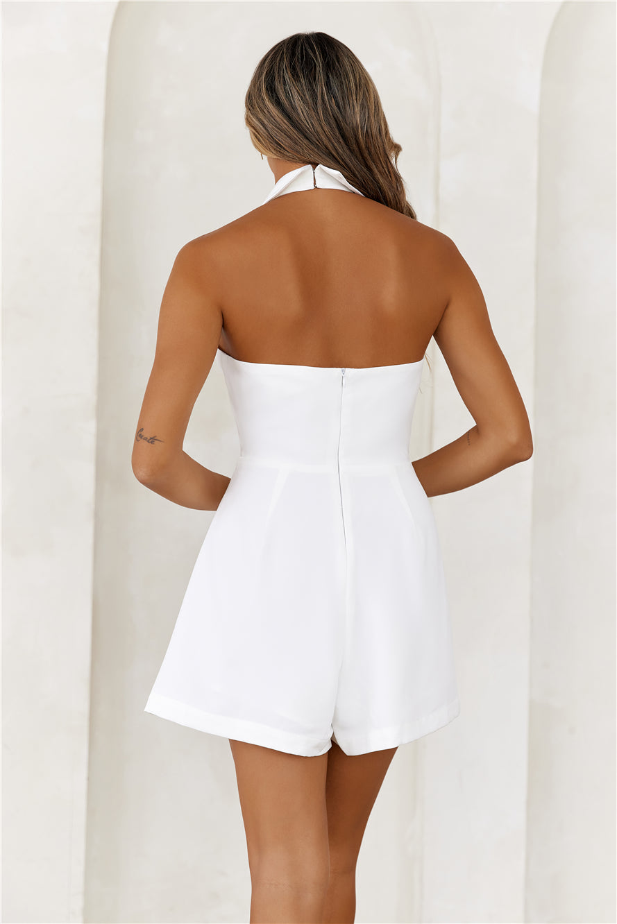 Chic Collared Halter Tie Front Romper White