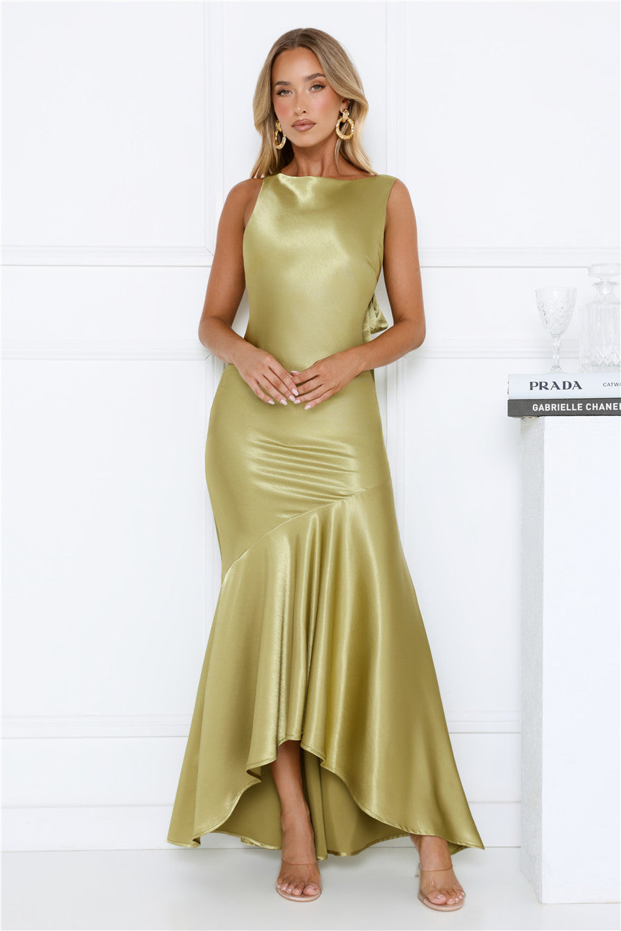 Bespoke Beauty Satin Maxi Dress Olive