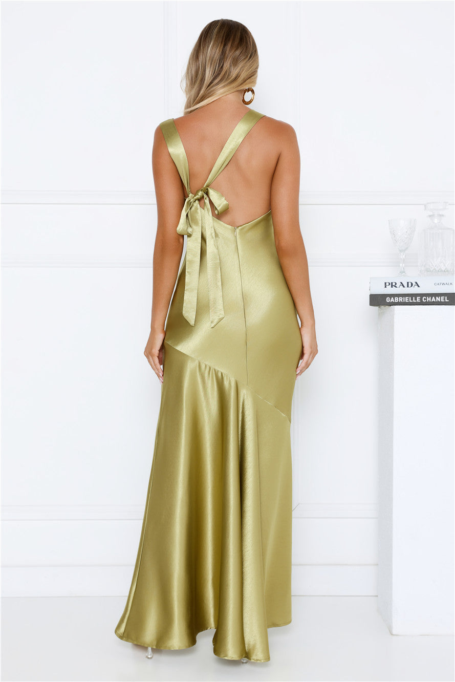 Bespoke Beauty Satin Maxi Dress Olive