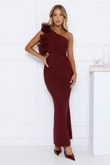 Luxe By Moonlight One Shoulder Mesh Maxi Dress Wine