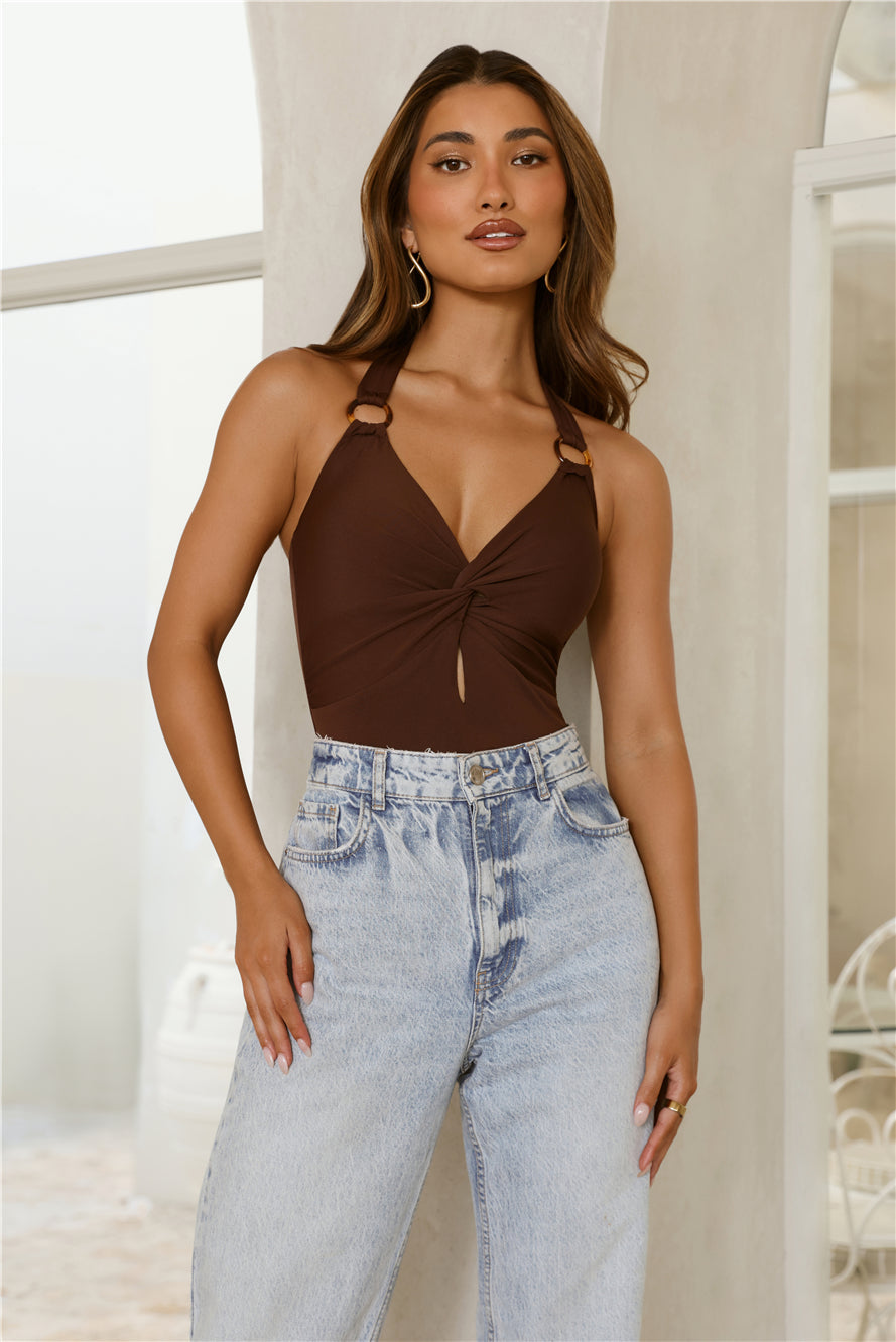 Chic Ring Detail Halter Bodysuit Brown