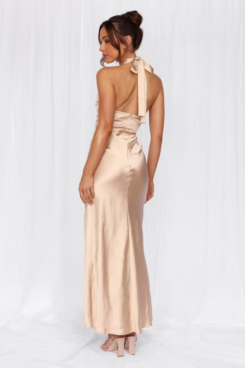 HELLO MOLLY The Adeline Halter Satin Maxi Dress Champagne