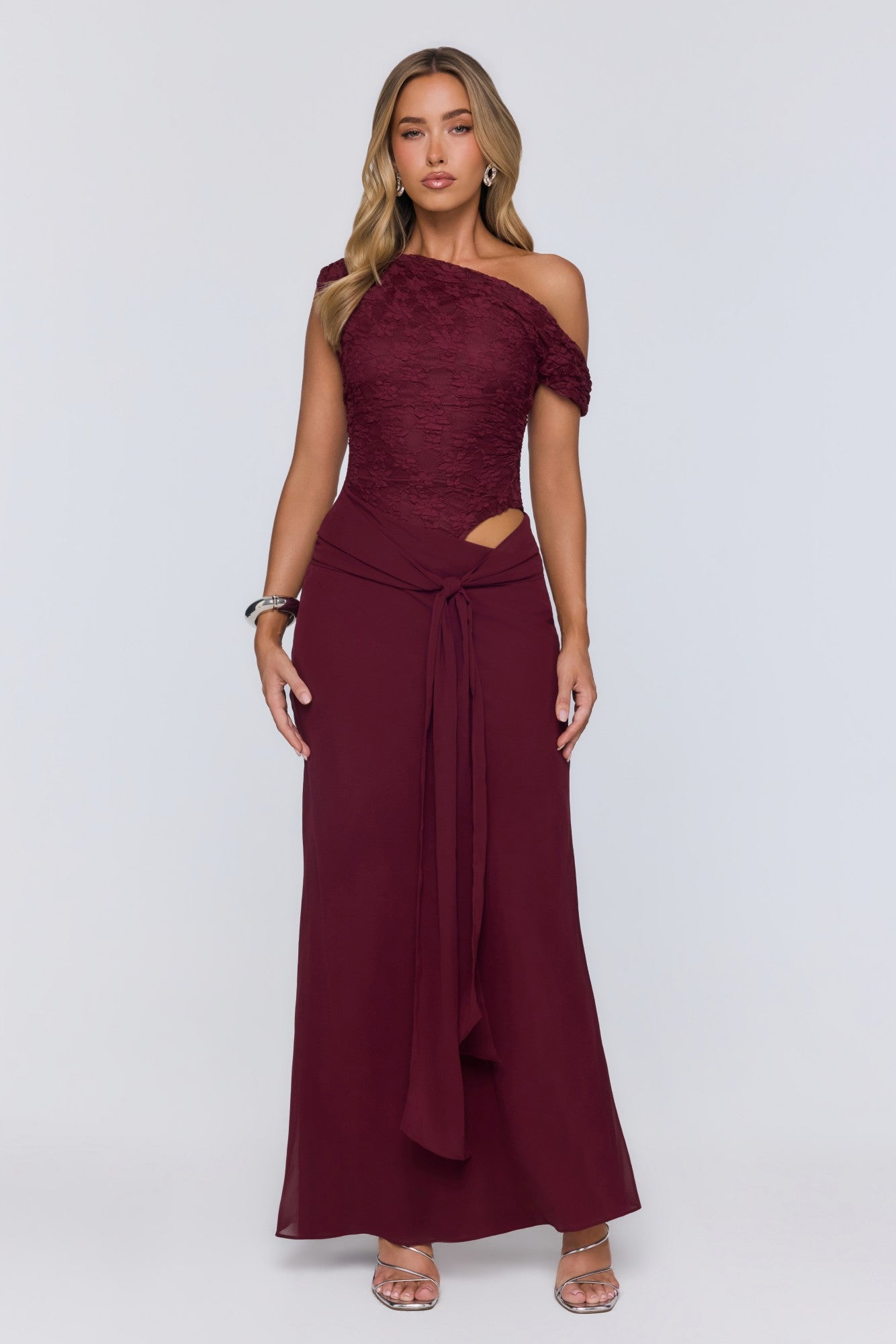Modern Heritage Off Shoulder Maxi Dress Burgundy
