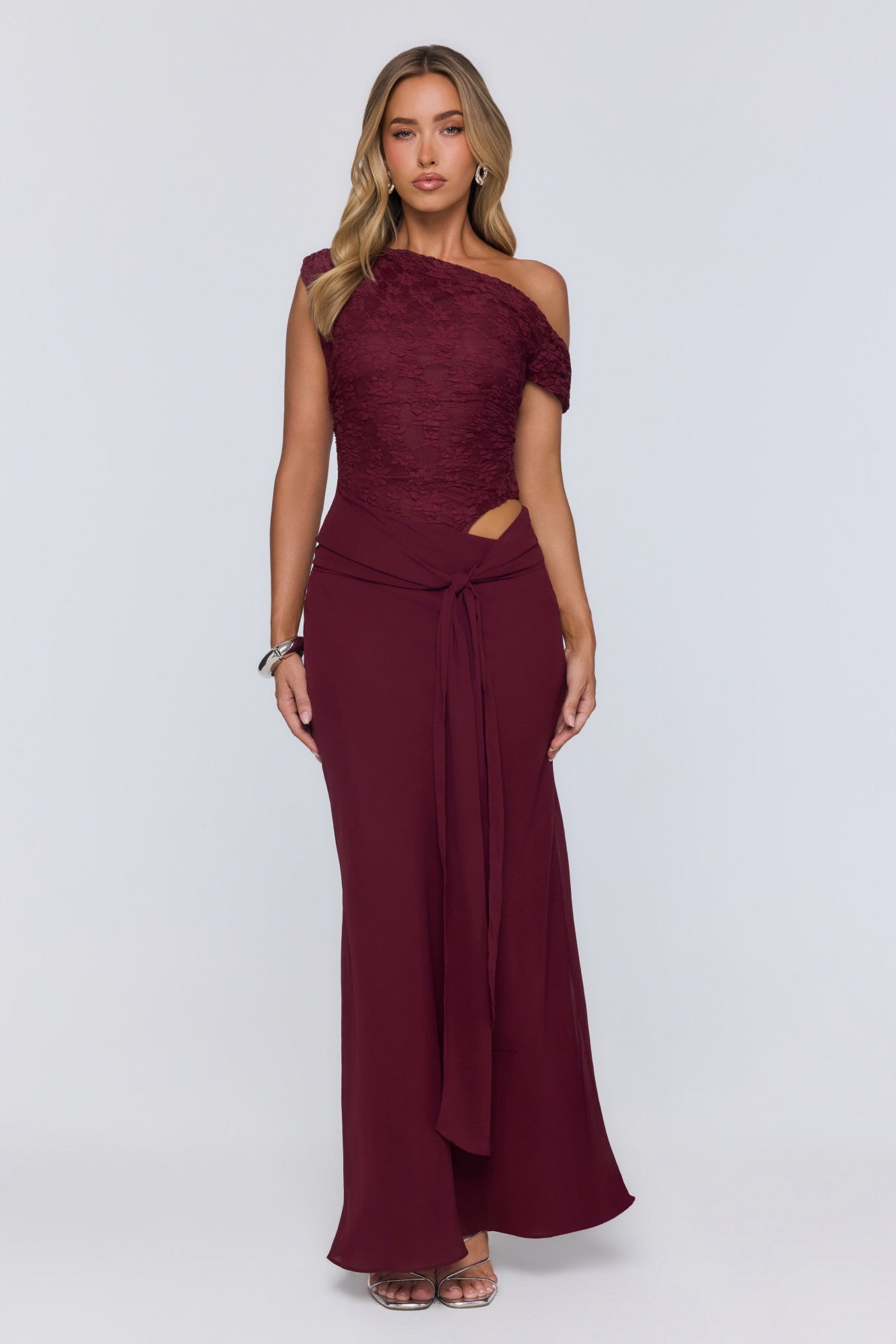 Modern Heritage Off Shoulder Maxi Dress Burgundy