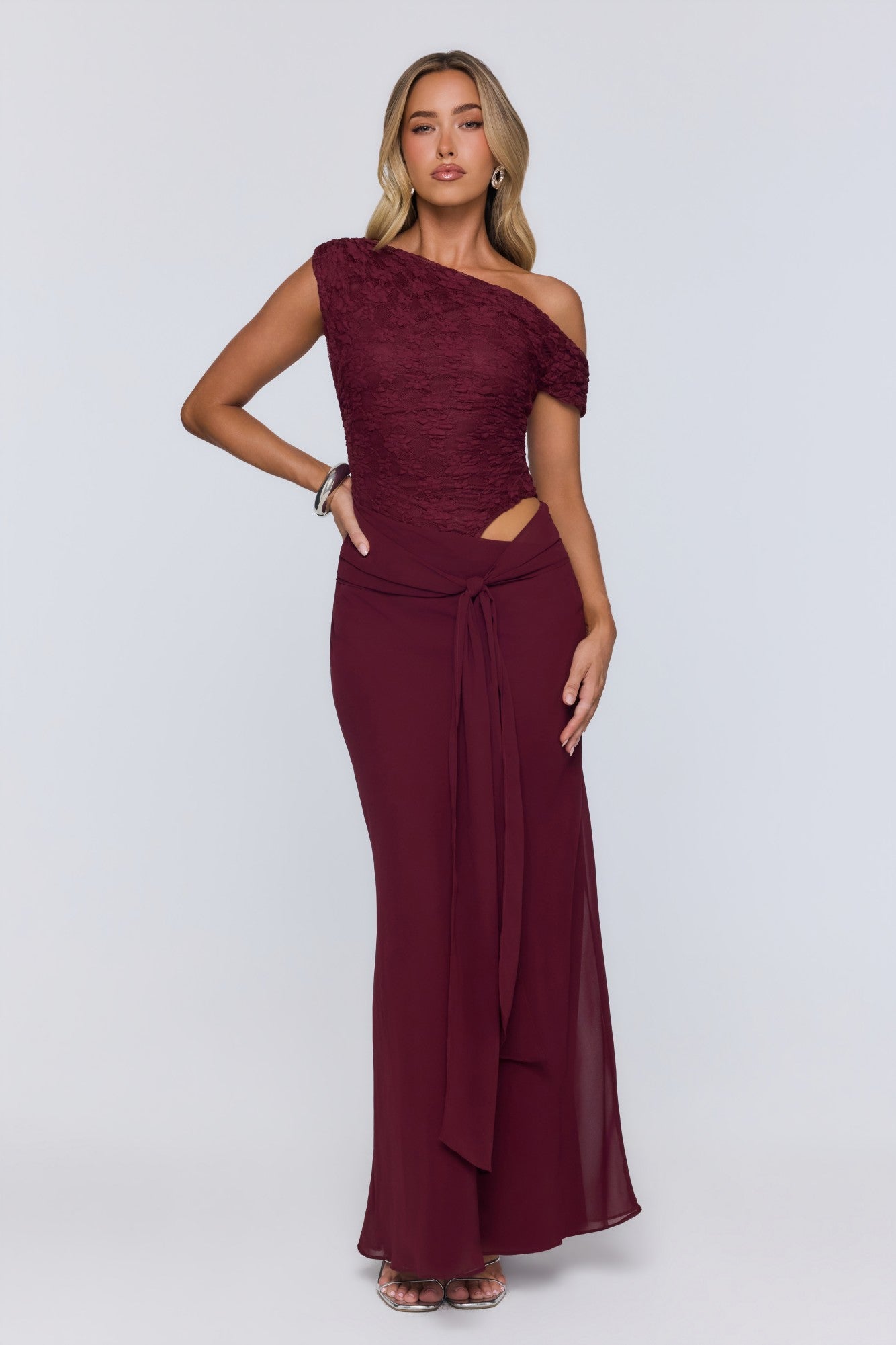 Modern Heritage Off Shoulder Maxi Dress Burgundy