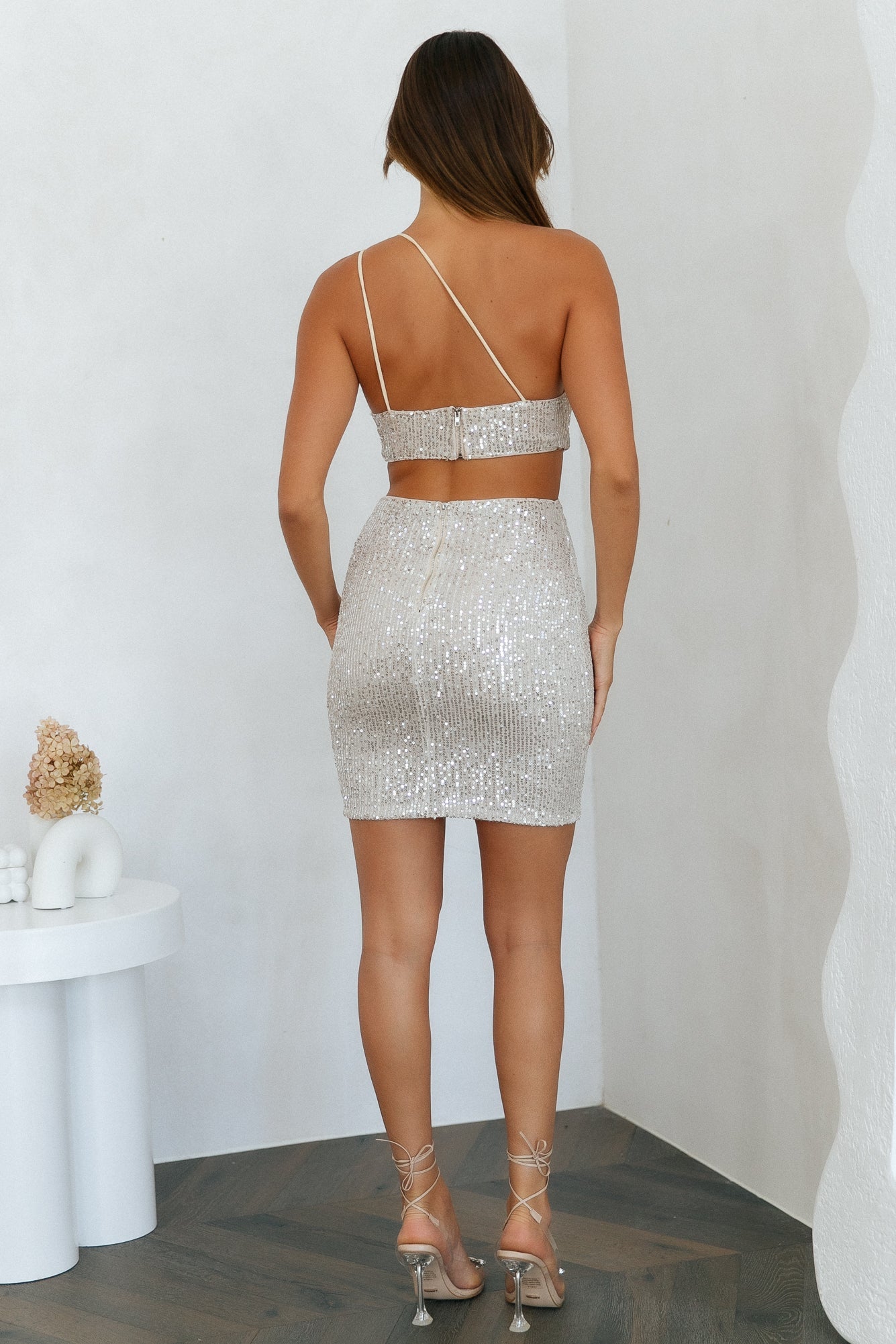 Cupids Bow Dress Beige Sequin