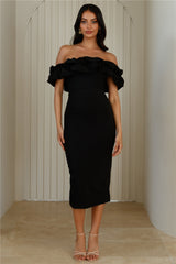 Idolise Off Shoulder Frill Midi Dress Black