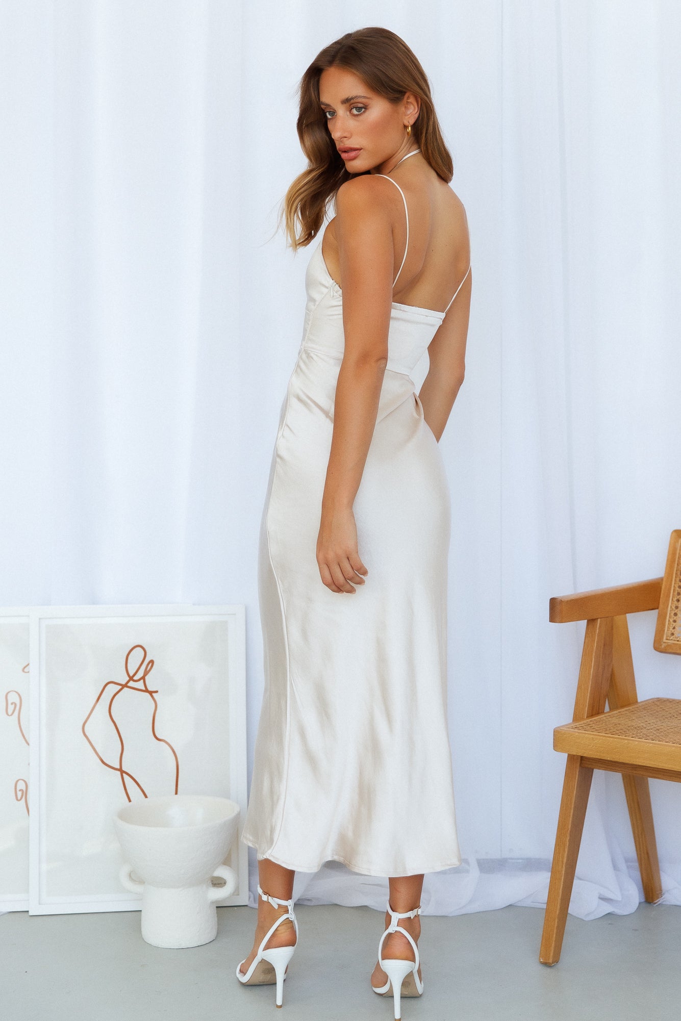 Cascading Lines Midi Dress Champagne