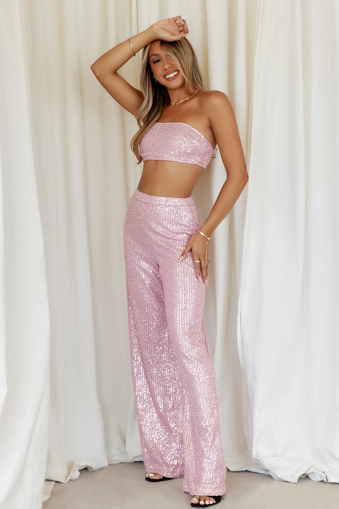 HELLO MOLLY Shimmer Life Sequin Crop Light Pink
