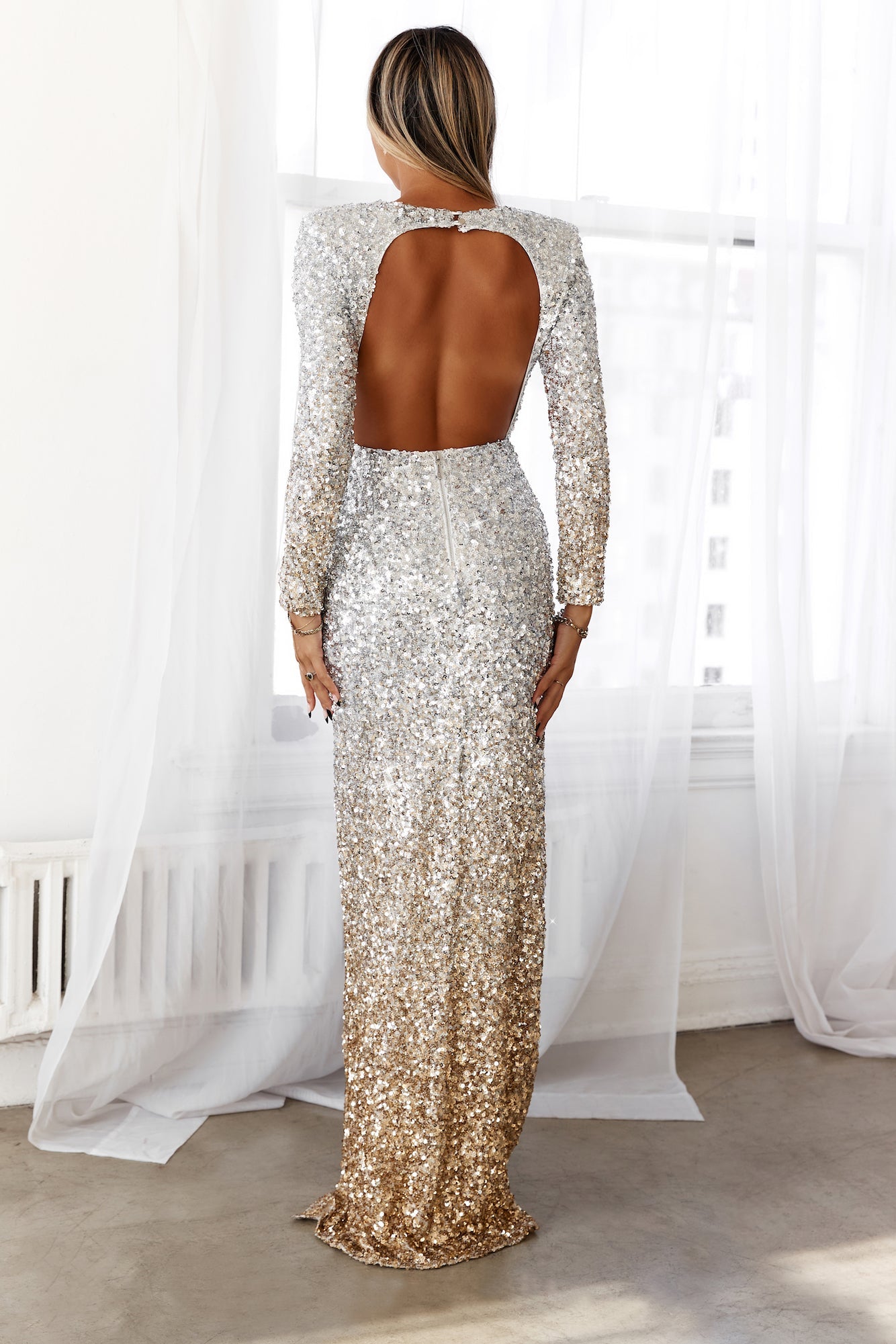 DEAR EMILIA Iridescent Night Maxi Dress Gold Sequin