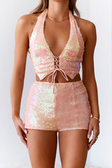 HELLO MOLLY Crystal Ball Sequin Shorts Peach