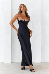Flower Chains Satin Maxi Dress Black