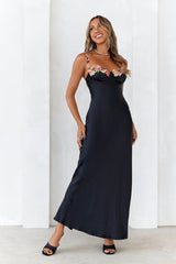 Flower Chains Satin Maxi Dress Black