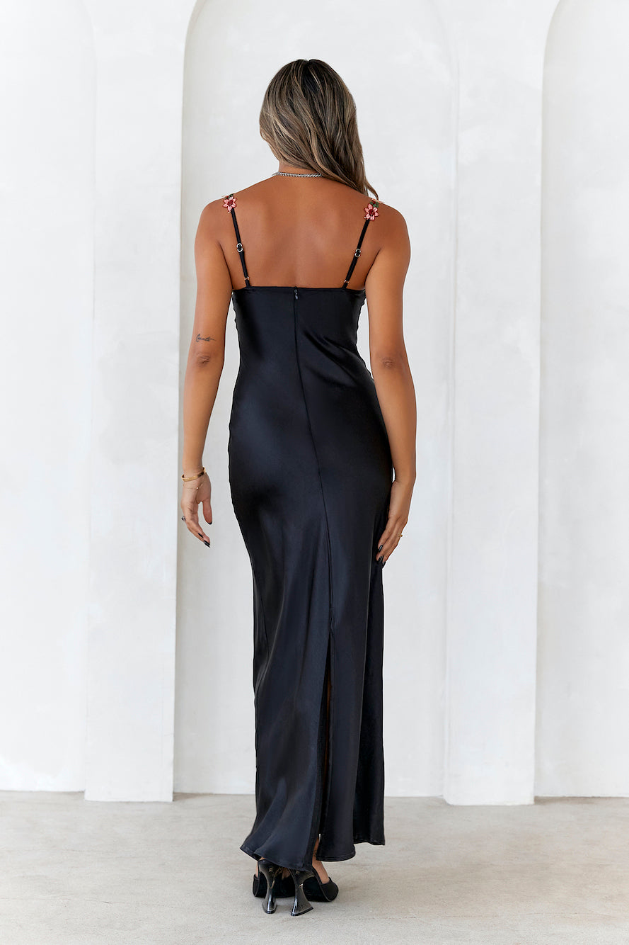 Flower Chains Satin Maxi Dress Black