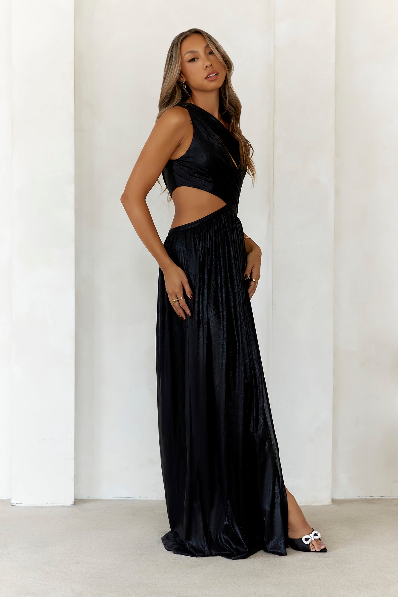 Iridescent Shimmer One Shoulder Maxi Dress Black