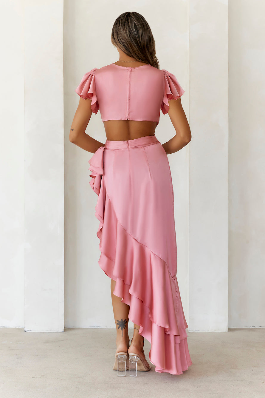 Five Out Of Five Satin Frill Maxi Dress Rose