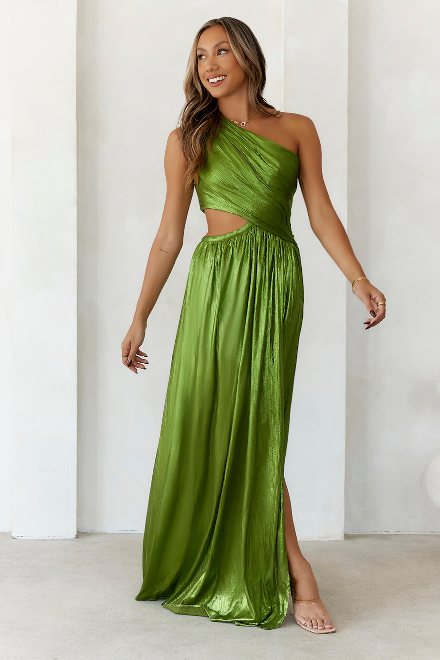 Iridescent Shimmer One Shoulder Maxi Dress Moss