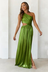 Iridescent Shimmer One Shoulder Maxi Dress Moss