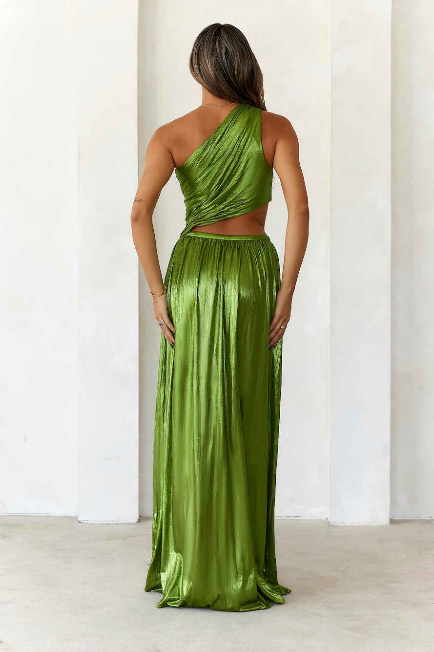 Iridescent Shimmer One Shoulder Maxi Dress Moss